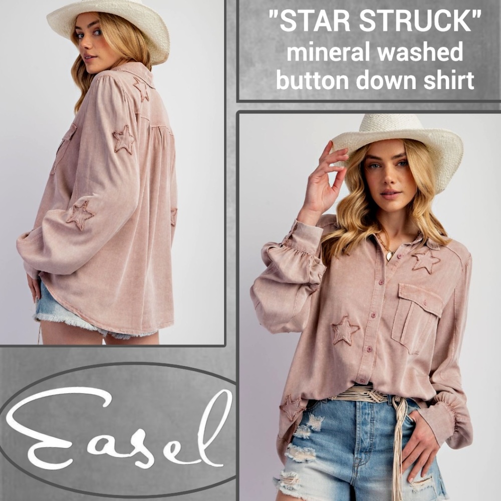 EASEL "STAR STRUCK" Super Soft Mineral Wash Lightweight Shirt, Embroidered Stars